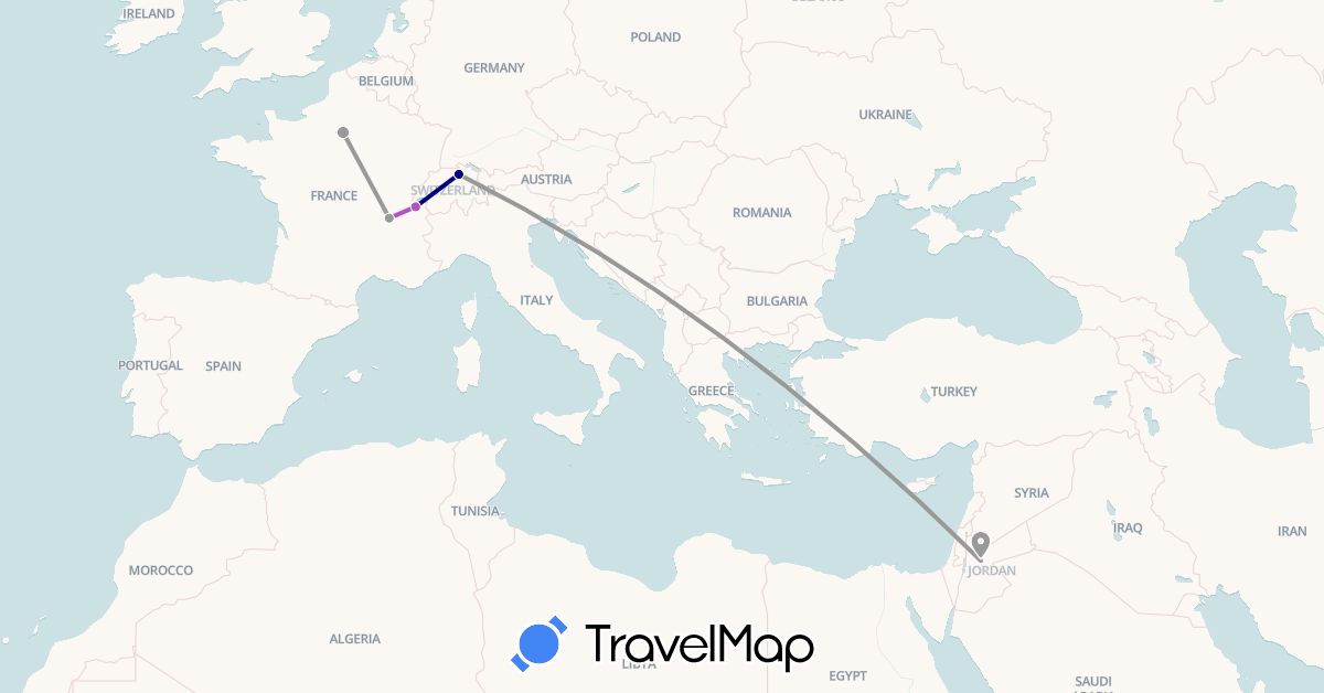TravelMap itinerary: driving, plane, train in Switzerland, France, Jordan (Asia, Europe)